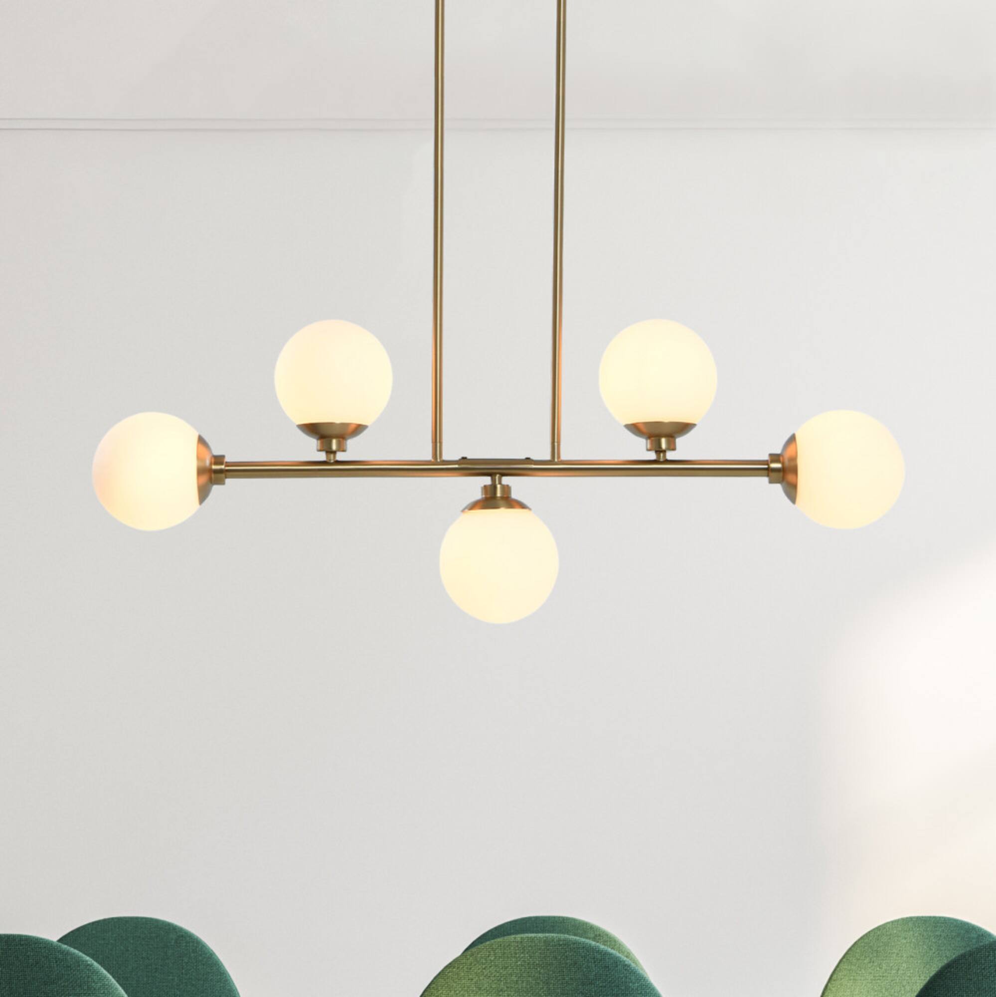 Hello Honey® Robert Stevenson Lighting Lorne 34" Brushed Gold 5-Light Metal and Frosted Glass Chandelier